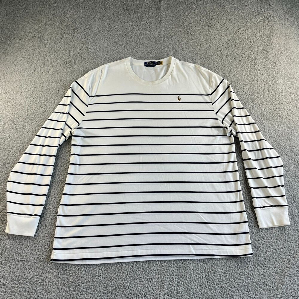 Ralph Lauren Polo T Shirt Mens Extra Large White‎ Black Striped Classic Fit Pony